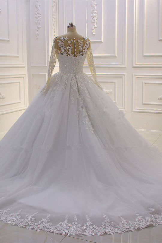 Amazing Bateau Long Sleeves Lace Wedding Dress with Pearl Appliques