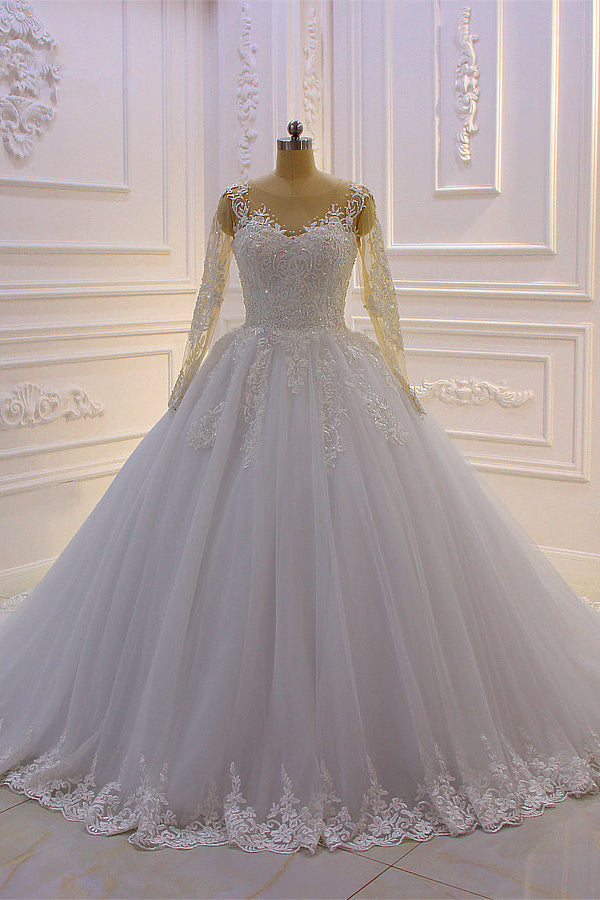 Amazing Bateau Long Sleeves Lace Wedding Dress with Pearl Appliques