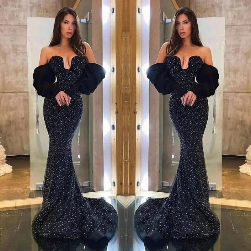 Amazing Black Mermaid Evening Dress Long With Beads Detachable Sleeves