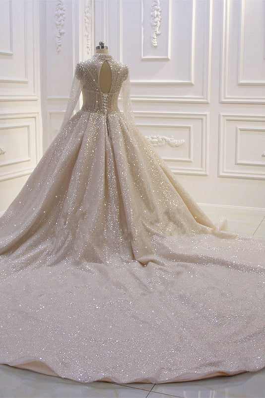 Amazing High-neck Long Sleeves Ball Gown Wedding Dress with Sequins