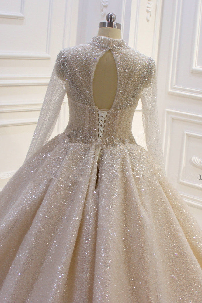 Amazing High-neck Long Sleeves Ball Gown Wedding Dress with Sequins
