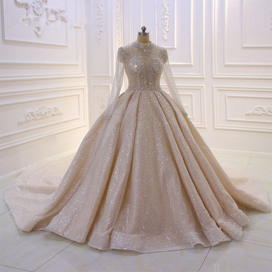 Amazing High-neck Long Sleeves Ball Gown Wedding Dress with Sequins