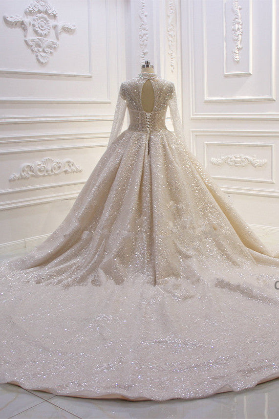 Amazing High-neck Long Sleeves Ball Gown Wedding Dress with Sequins