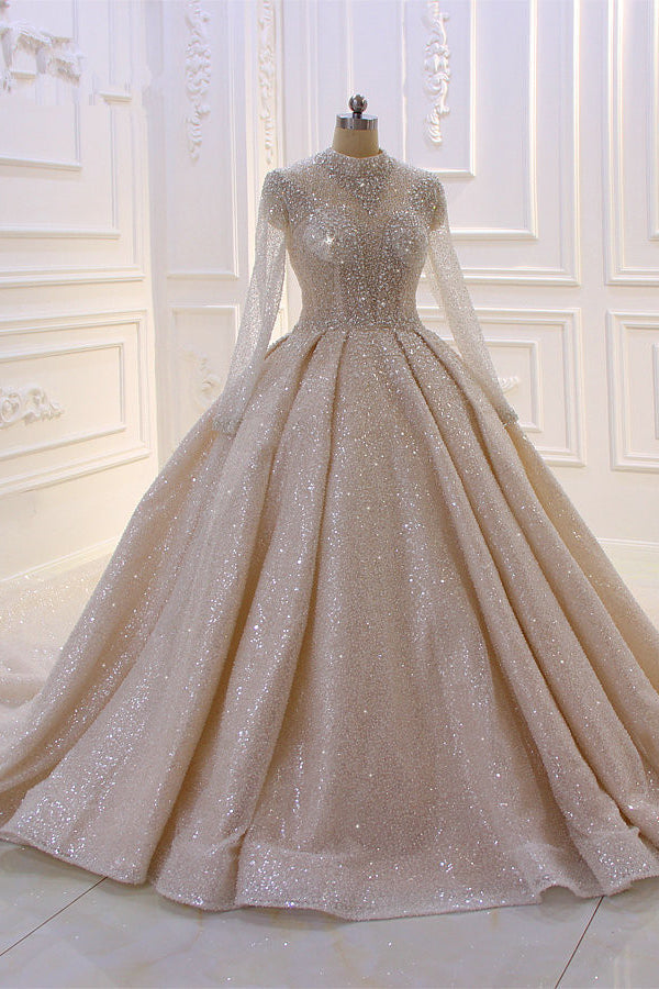 Amazing High-neck Long Sleeves Ball Gown Wedding Dress with Sequins