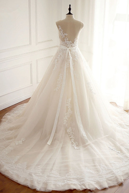 Amazing Jewel Long Wedding Dress with Lace Appliques