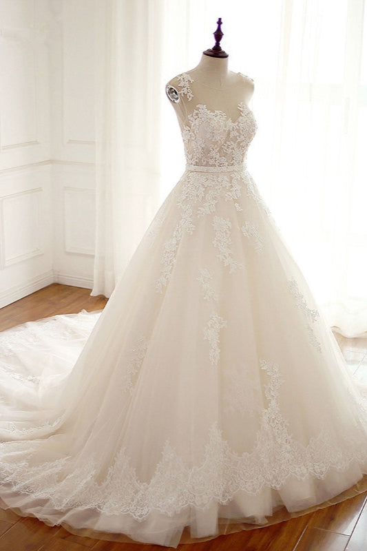 Amazing Jewel Long Wedding Dress with Lace Appliques