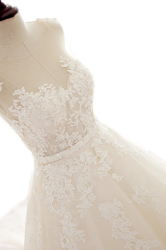 Amazing Jewel Long Wedding Dress with Lace Appliques