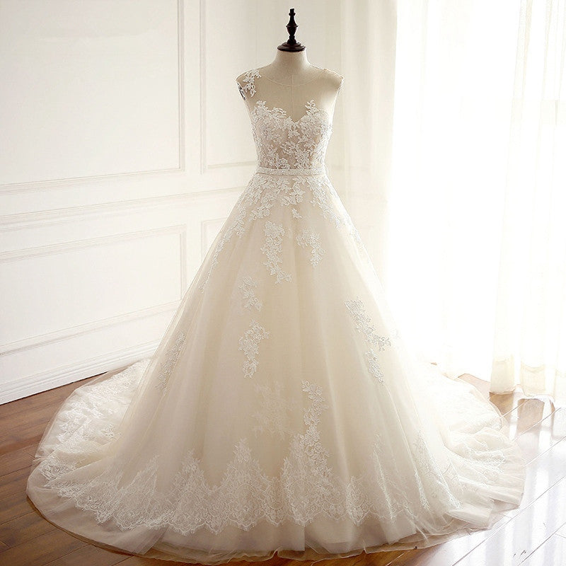 Amazing Jewel Long Wedding Dress with Lace Appliques