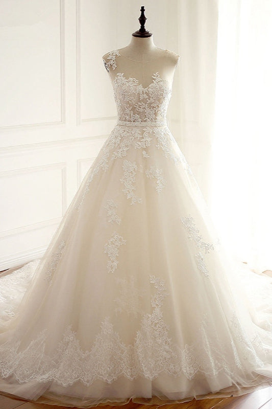 Amazing Jewel Long Wedding Dress with Lace Appliques
