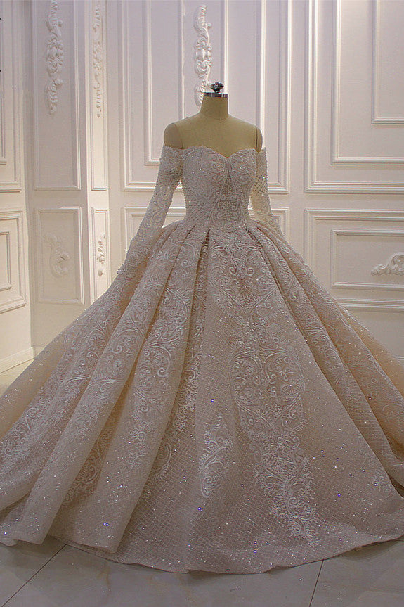 Amazing Long Sleeves Ball Gown Wedding Dress With Lace Appliques