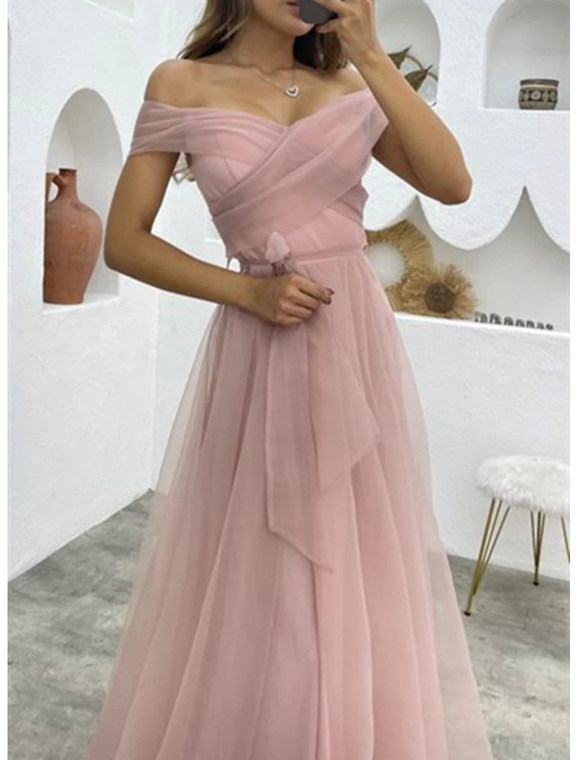 A-Line Evening Gown 1950s Dress Formal Wedding Reception Floor Length Sleeveless Off Shoulder Organza with Strappy