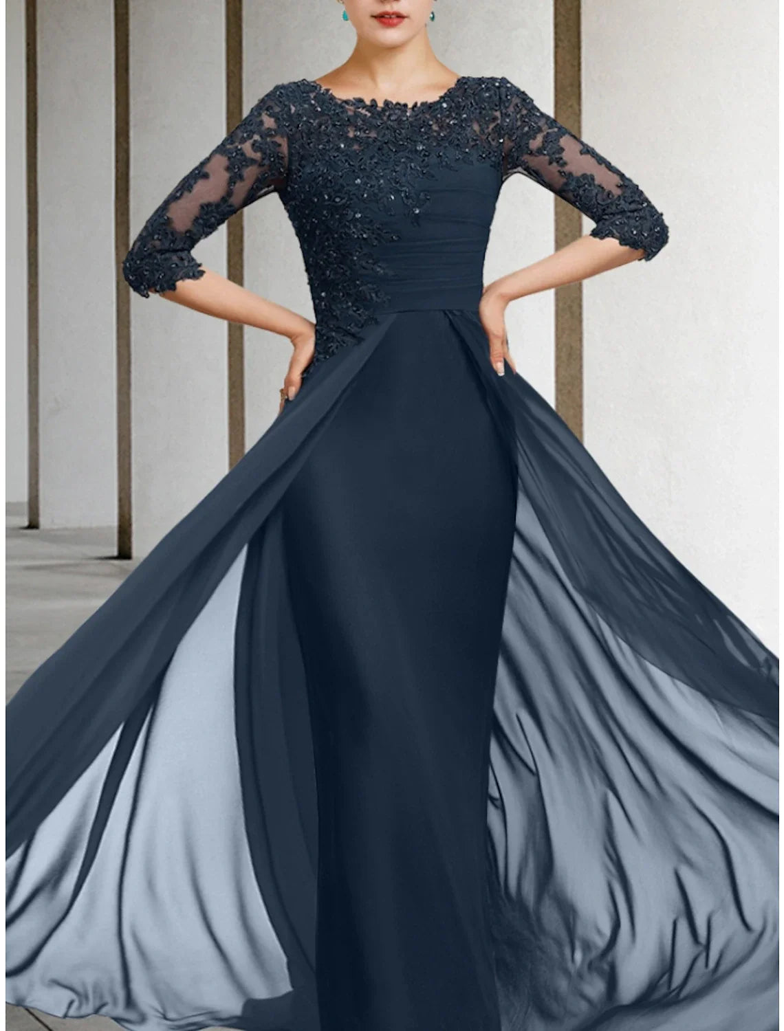 Aimishang Sheath / Column Mother of the Bride Dress Wedding Guest Elegant Jewel Neck Floor Length Chiffon Lace Half Sleeve with Sequin Ruching Solid Color