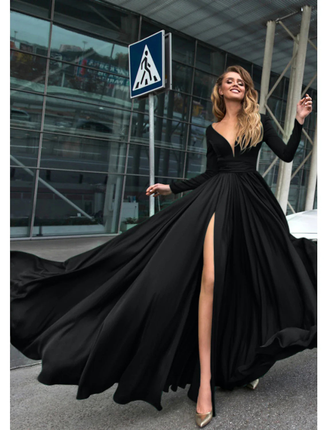 A-Line Evening Gown Empire Black Dress Plus Size Holiday Wedding Guest Floor Length Long Sleeve V Neck Chiffon V Back with Slit Pure Color