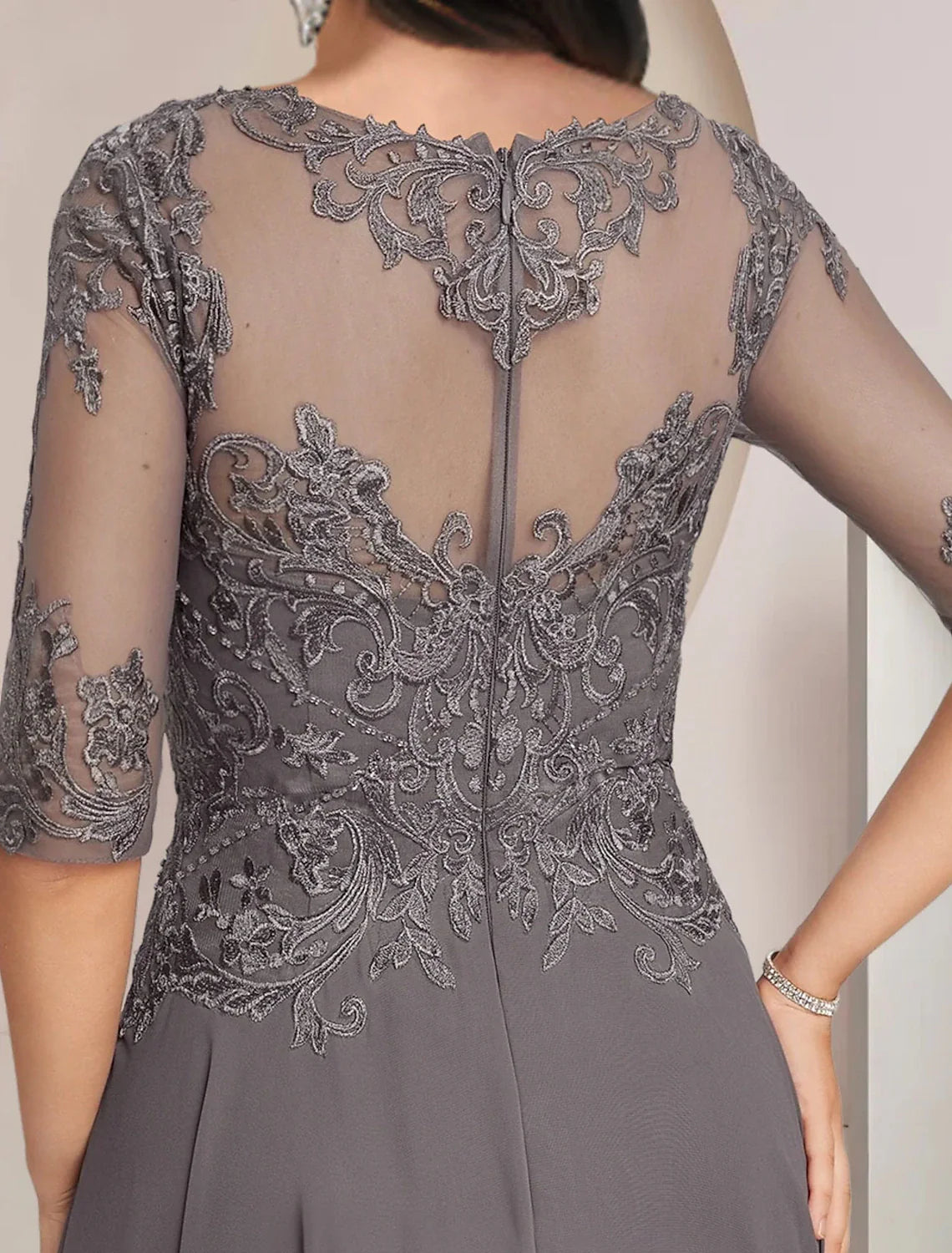 Aimishang A-Line Mother of the Bride Dress Formal Wedding Guest Elegant High Low Scoop Neck Asymmetrical Tea Length Chiffon Lace Half Sleeve with Pleats Appliques