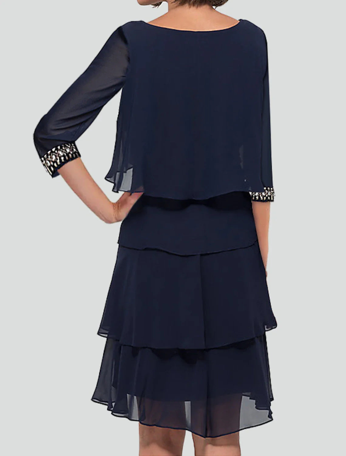 Sheath Party Dress Cocktail Dresses Tiered Plisse Dress Semi Formal Knee Length Half Sleeve Jewel Neck Fall Wedding Guest Chiffon with Rhinestone Ruffles 2025