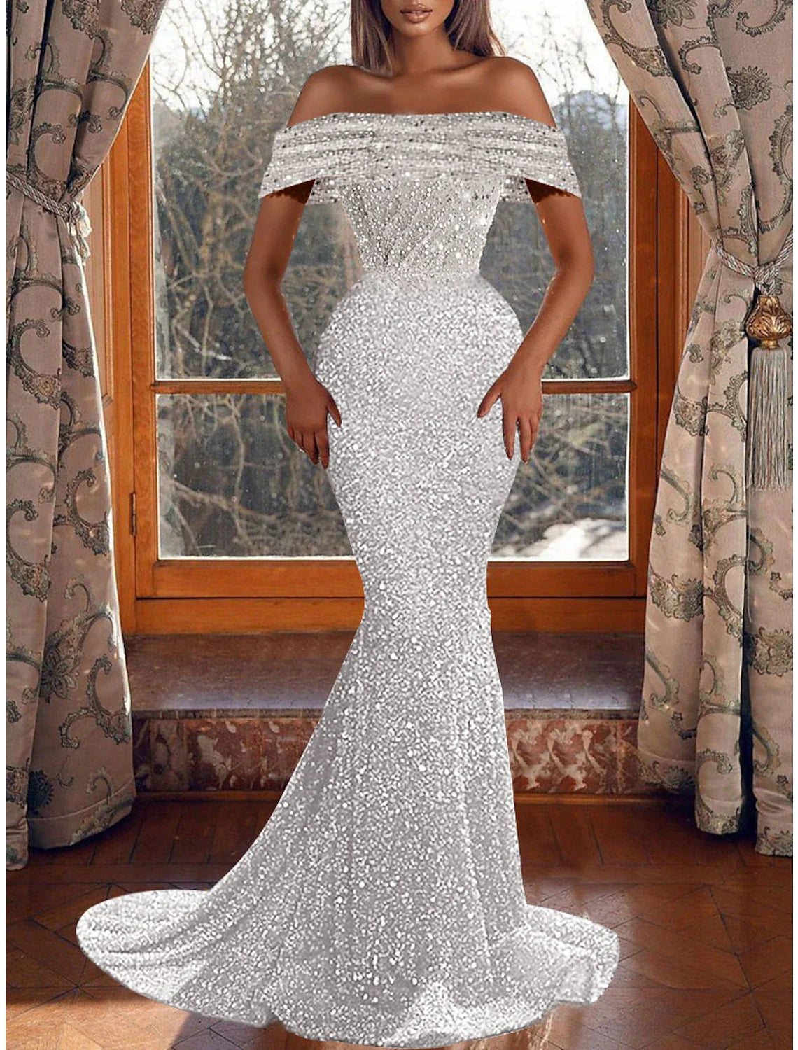 Aimishang Mermaid Party Dress Evening Gown Sparkle & Shine Dress Prom Birthday Asymmetrical Short Sleeve Off Shoulder Sequined with Sequin