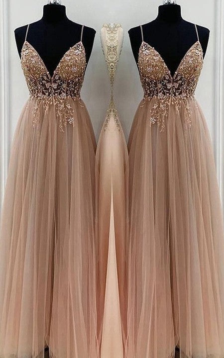 Aimishang A-Line Elegant Beading Tulle Spaghetti Straps Sleeveless Floor-Length Prom Dresses