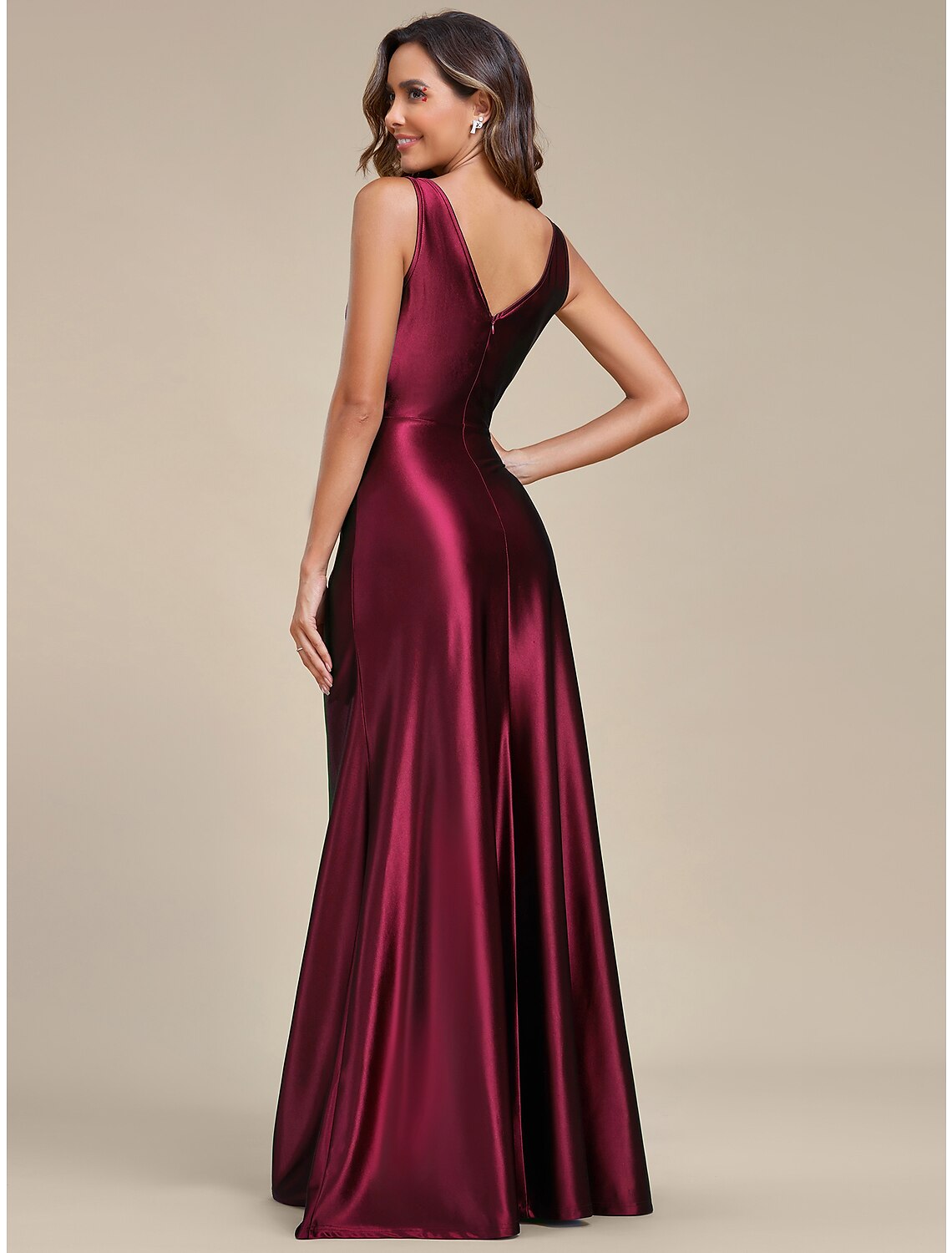 Weitese A-Line Wedding Guest Dresses Elegant Dress Formal Wedding Sweep / Brush Train Sleeveless V Neck Bridesmaid Dress Satin with Ruched Ruffles Slit