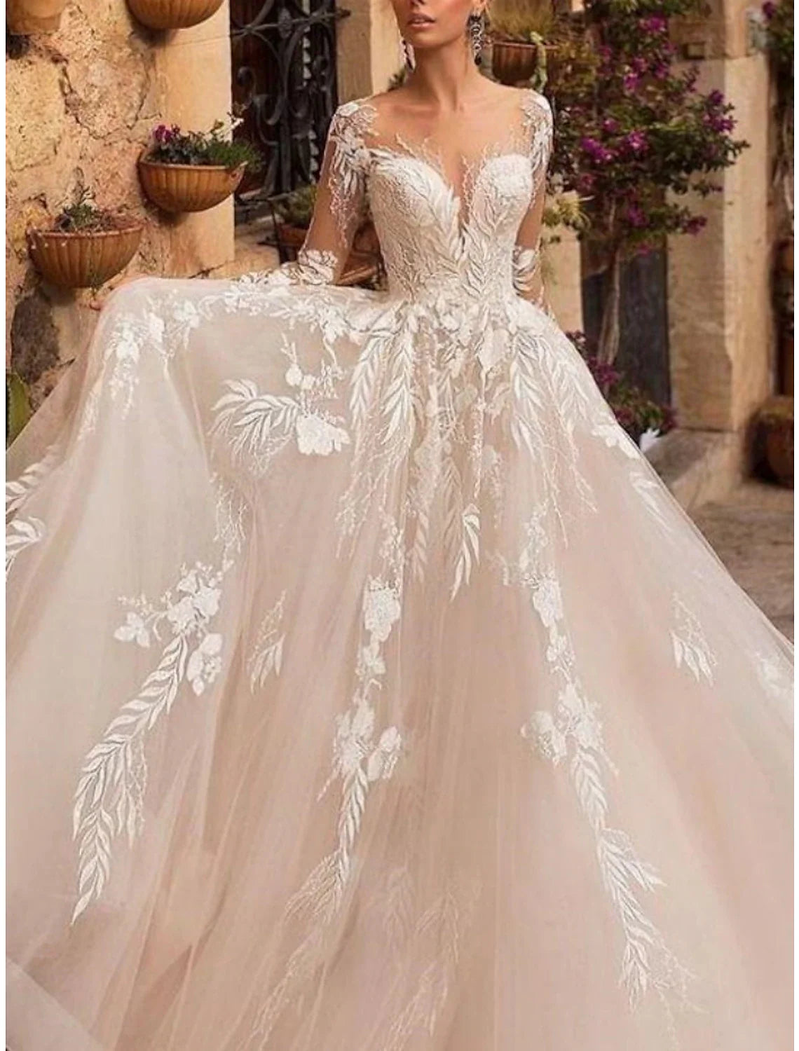 Aimishang Formal Wedding Dresses A-Line V Neck Long Sleeve Court Train Tulle Bridal Gowns With Pleats Appliques