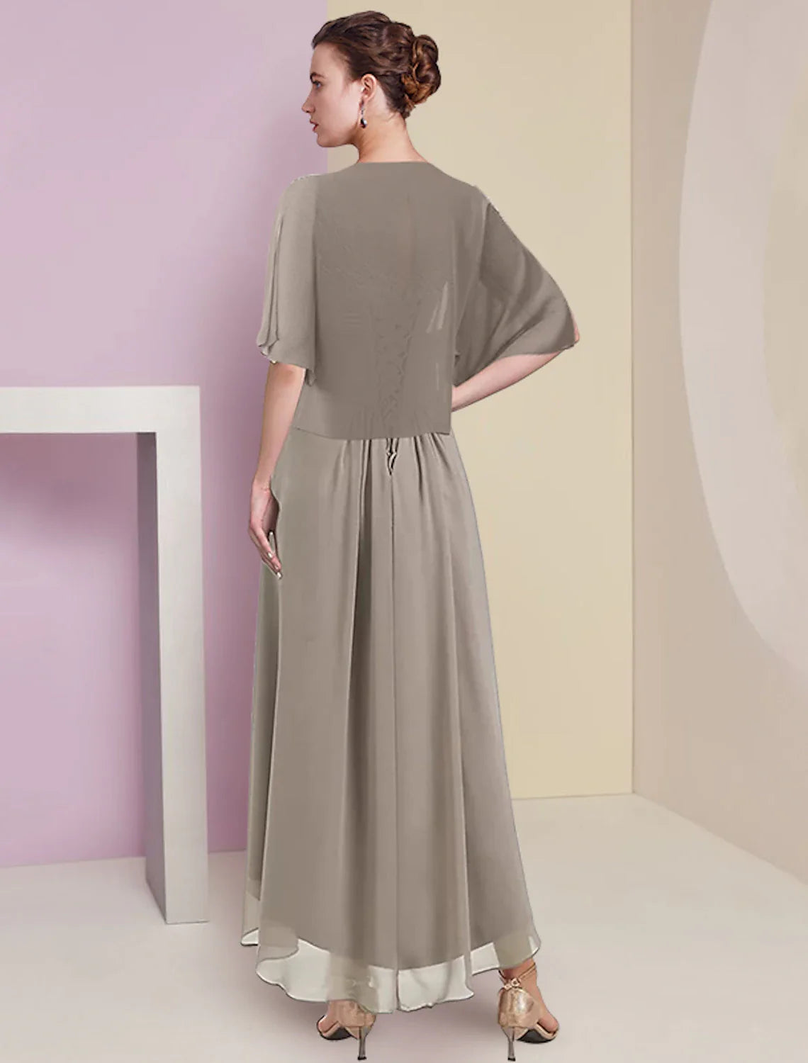 Aimishang Two Piece A-Line Mother of the Bride Dress Formal Wedding Guest Elegant High Low V Neck Asymmetrical Tea Length Chiffon Lace Half Sleeve Wrap Included with Ruched Appliques