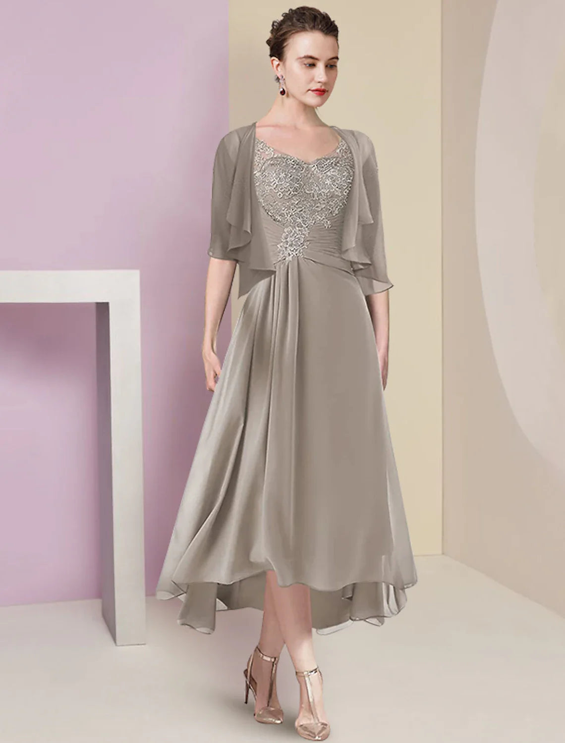 Aimishang Two Piece A-Line Mother of the Bride Dress Formal Wedding Guest Elegant High Low V Neck Asymmetrical Tea Length Chiffon Lace Half Sleeve Wrap Included with Ruched Appliques