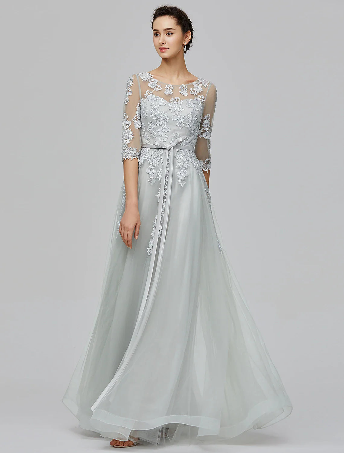 Wholesale A-Line Empire Dress Wedding Guest Prom Dress Floor Length Half Sleeve Illusion Neck Tulle with Bow(s) Appliques