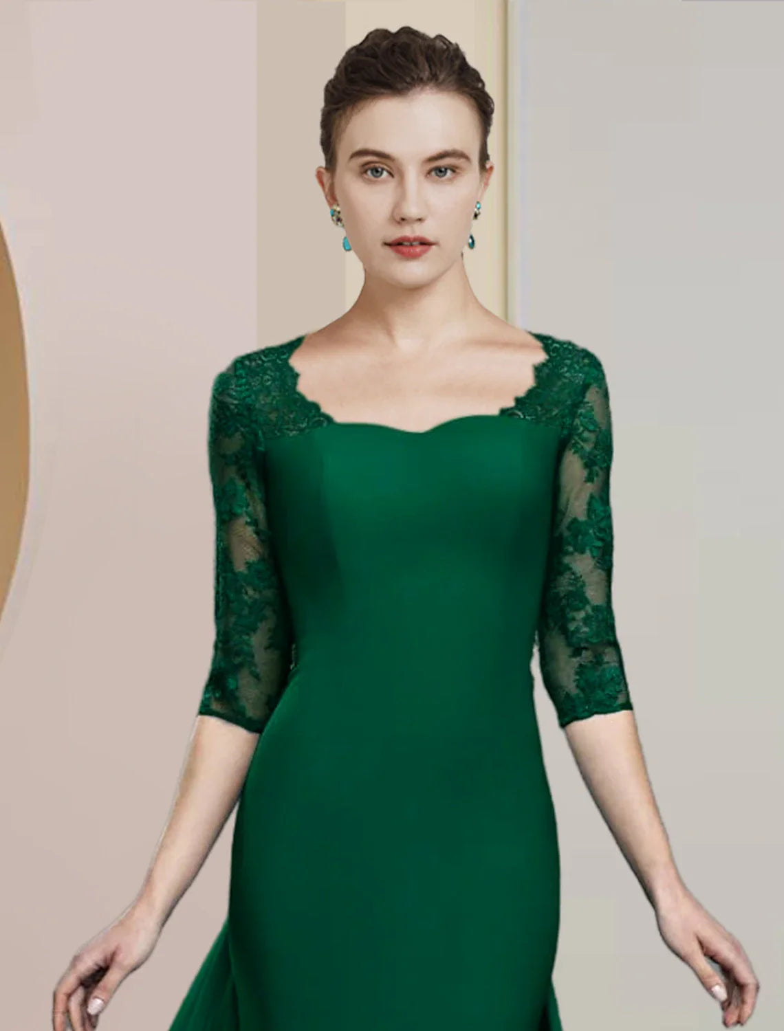 Aimishang  Sheath / Column Mother of the Bride Dress Formal Wedding Guest Elegant Scoop Neck Floor Length Chiffon Lace Half Sleeve with Appliques