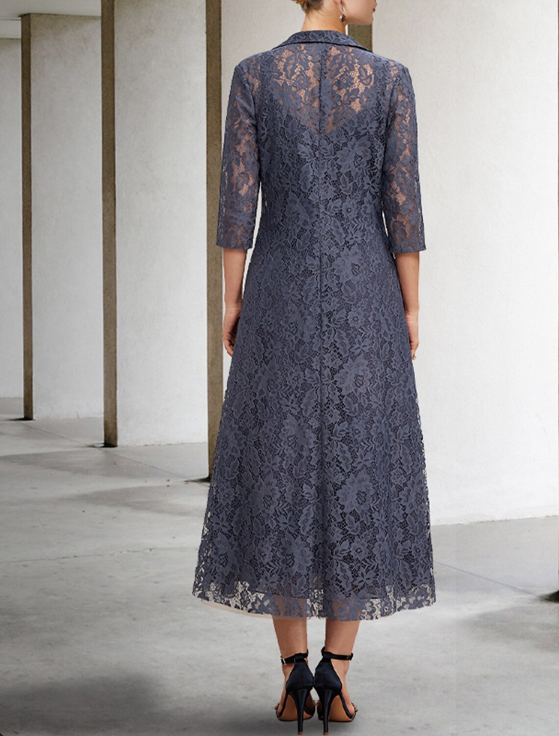 Aimishang  A-Line Mother of the Bride Dress Elegant V Neck Tea Length Chiffon Lace Sleeveless Jacket Dresses with Tier Solid Color
