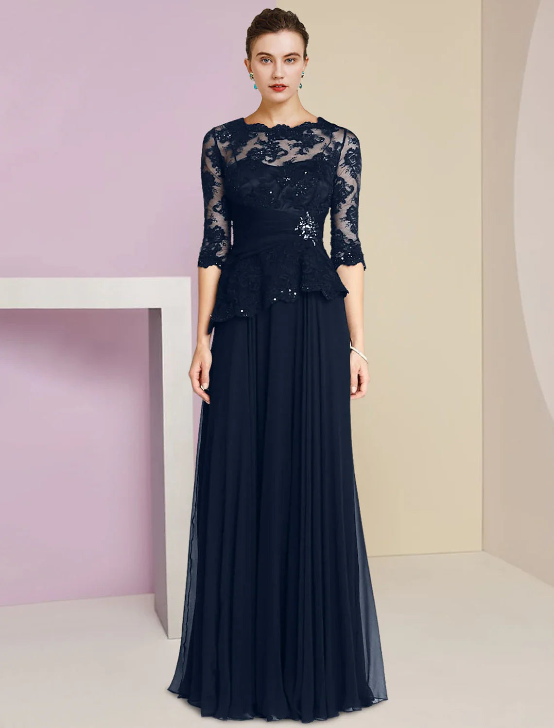 Aimishang A-Line Mother of the Bride Dress Formal Wedding Guest Elegant Scoop Neck Floor Length Chiffon Lace Half Sleeve with Pleats Appliques Crystal Brooch