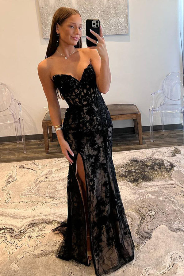Mermaid Strapless Lace Prom Dress with Slit Black Sexy