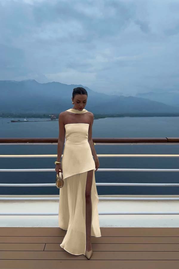 White Strapless Satin Chiffon Split Holiday Summer Prom Dress