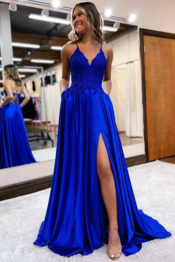 2024 Straps Satin Prom Dresses Long with Lace and Beading Top