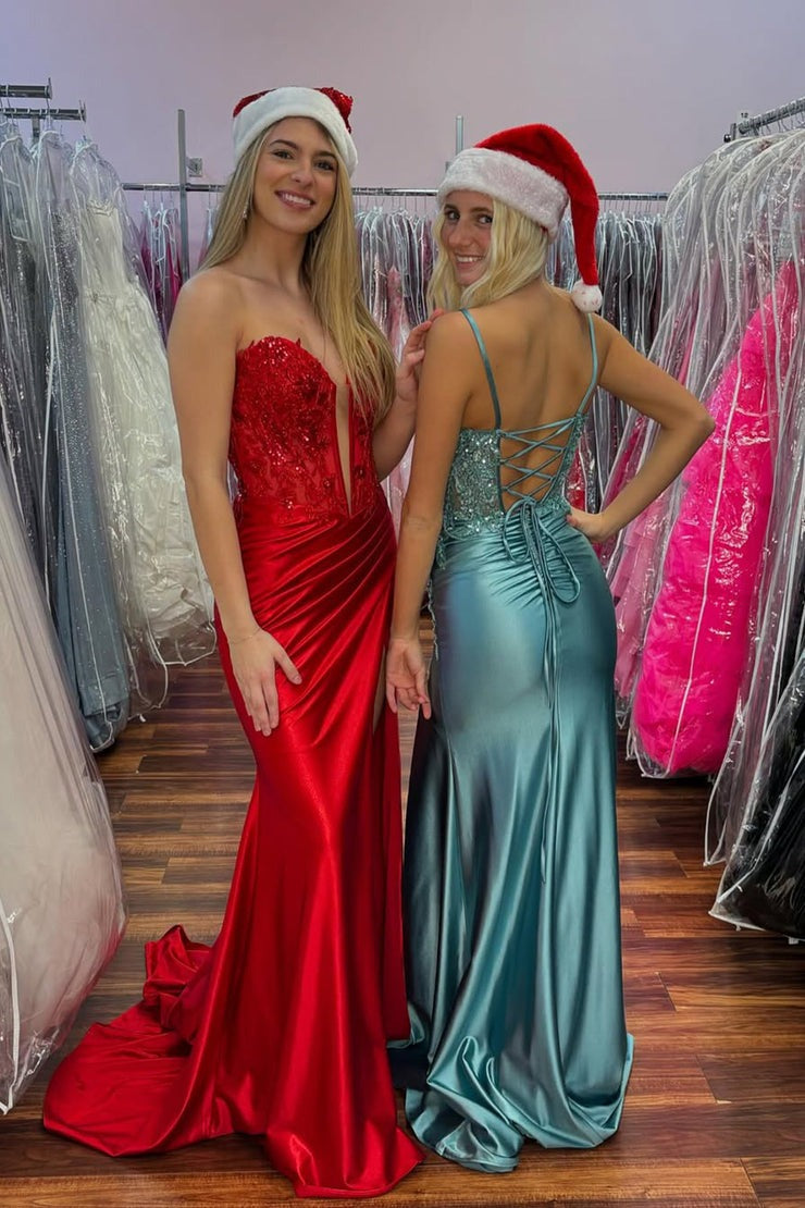Mermaid Strapless Red Sparkly Satin Prom Dresses