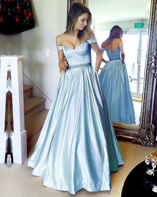 Baby Blue Prom Dresses Long Satin V-neck Off The Shoulder Evening Gowns