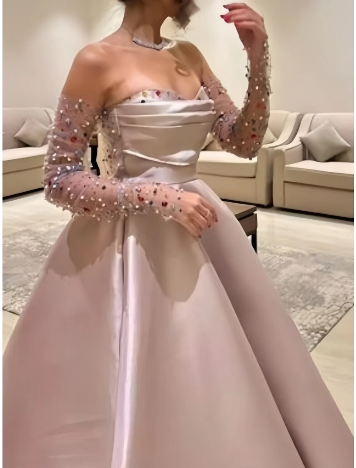 A-Line Evening Gown Princess Dress Formal Floor Length Long Sleeve Sweetheart Satin with Pleats Ruched Beading