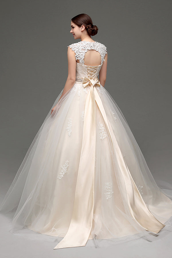 Long Lace-Up Back A-line Ivory Wedding Dress with Appliques