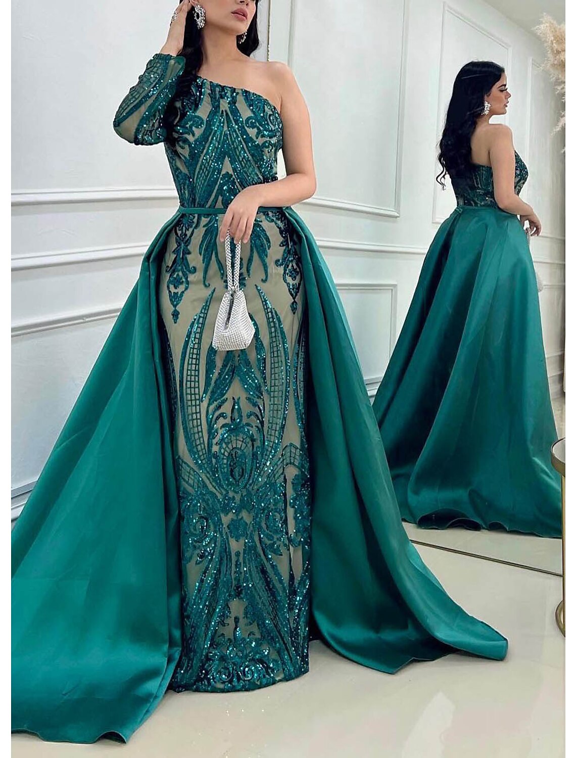 Mermaid / Trumpet Evening Gown Elegant Dress Formal Wedding Court Train Long Sleeve One Shoulder Detachable Satin with Sequin