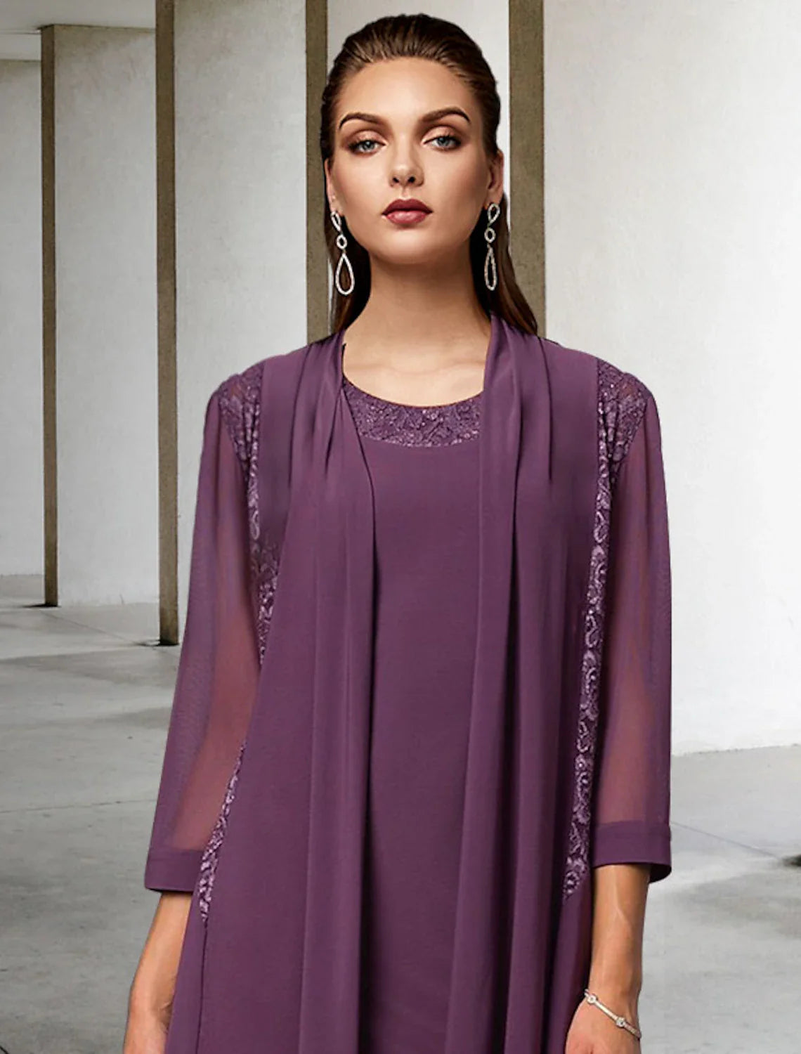 Aimishang  Two Piece Sheath / Column Mother of the Bride Dress Elegant Jewel Neck Knee Length Chiffon Lace Sleeveless Jacket Dresses with Solid Color