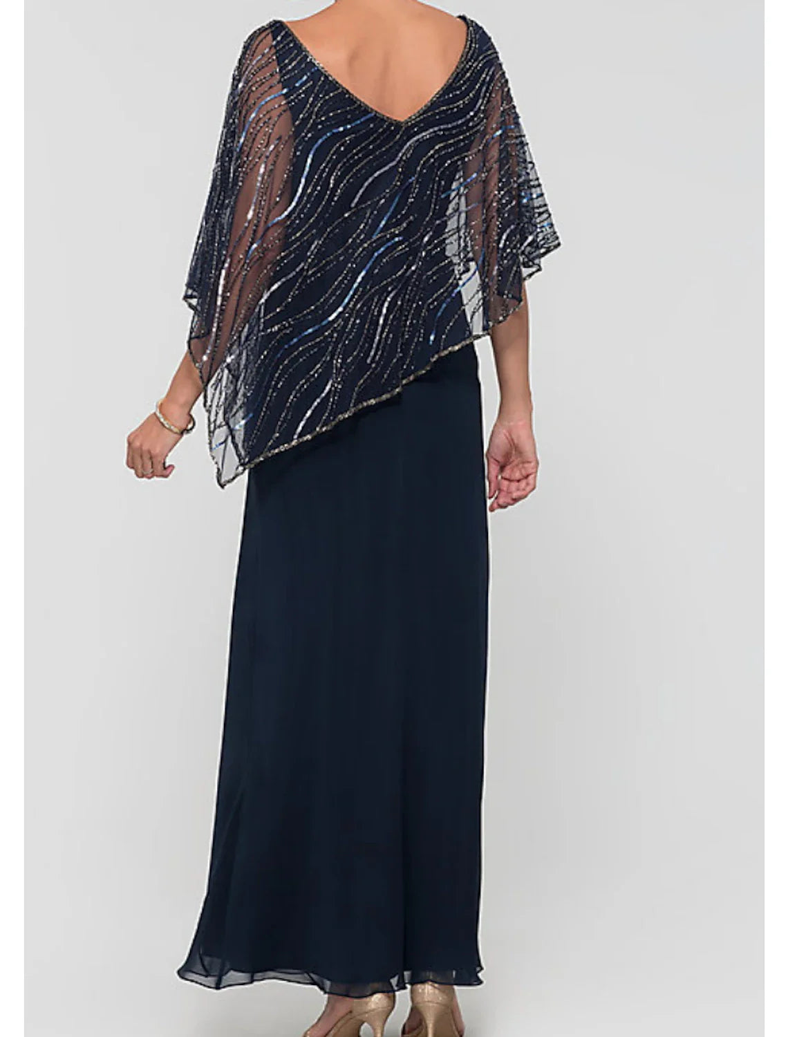 Aimishang A-Line Mother of the Bride Dress Elegant & Luxurious V Neck Ankle Length Chiffon Sequined 3/4 Length Sleeve with Lace Appliques