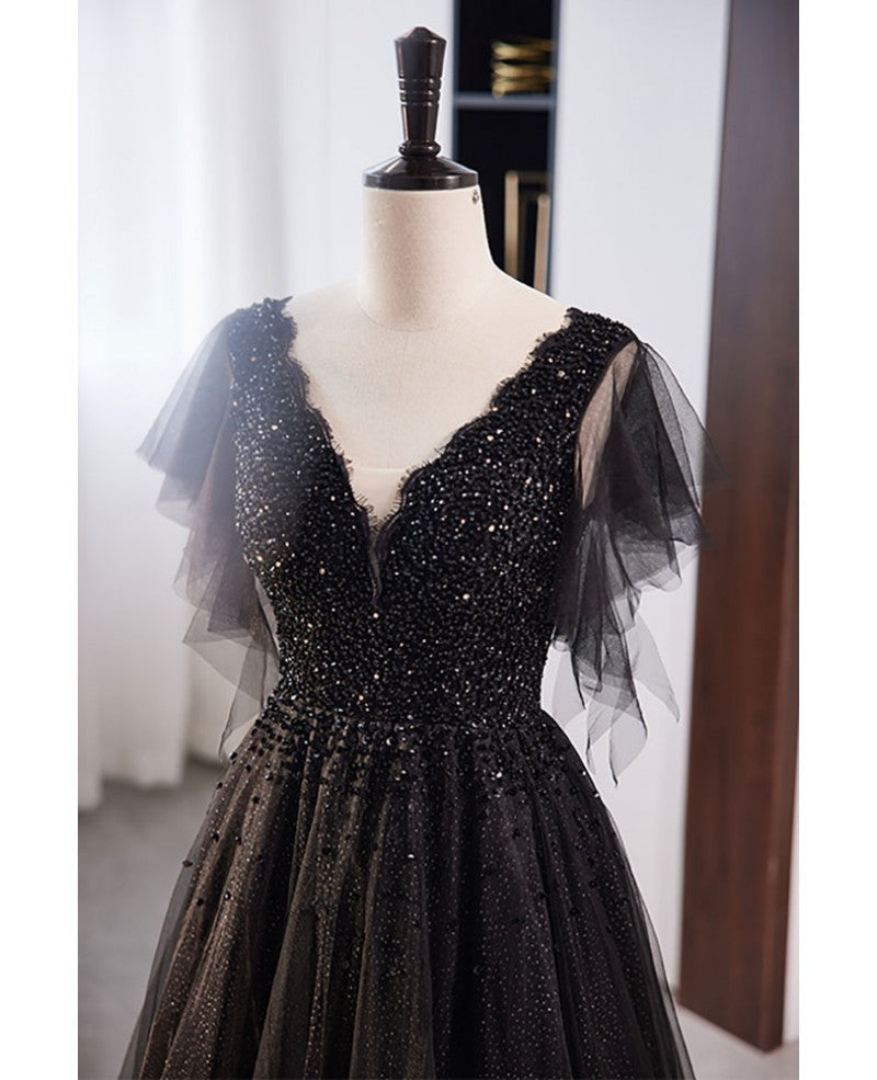 Unique and beautiful black beaded short sleeved sequin ball dress with black A-shaped princess V-neck backless chiffon and floor length evening dress