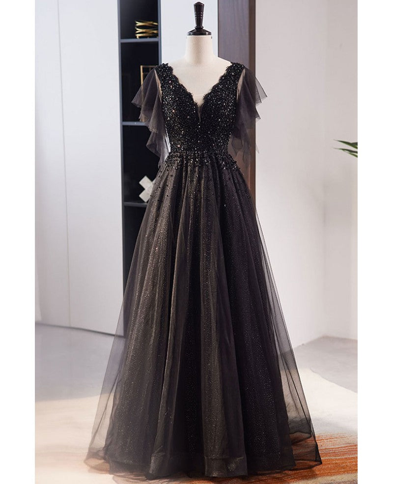 Unique and beautiful black beaded short sleeved sequin ball dress with black A-shaped princess V-neck backless chiffon and floor length evening dress