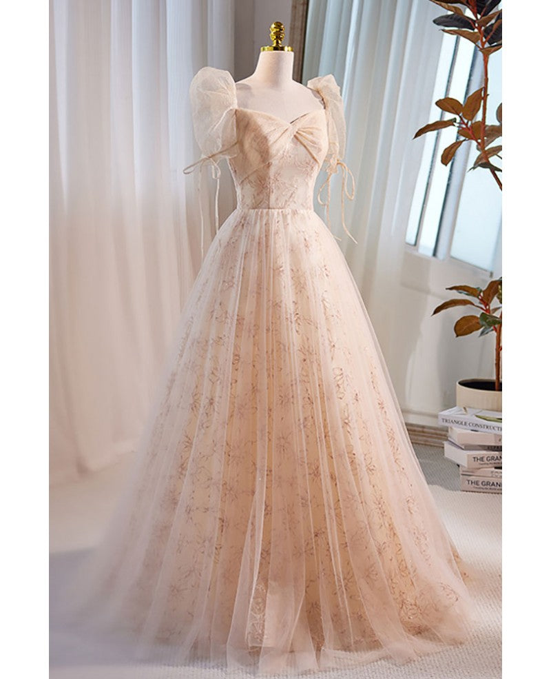 Unique and beautiful champagne sequin square neck fluffy short sleeved ball dress champagne A-shaped princess backless strap and floor length evening dress