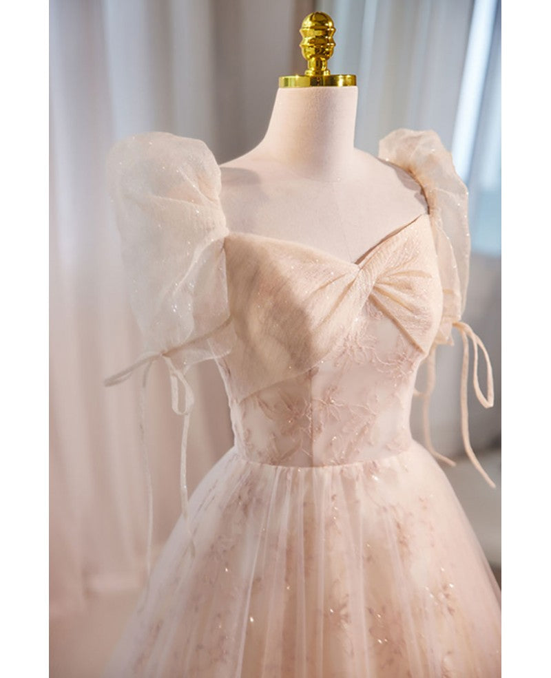 Unique and beautiful champagne sequin square neck fluffy short sleeved ball dress champagne A-shaped princess backless strap and floor length evening dress