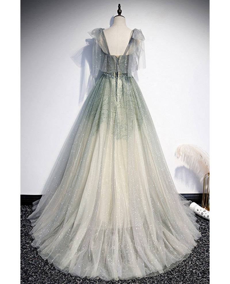Elegant and Sweet Sage Green Sleeveless Off Shoulder Beads with Sparkling Sheer Sequins Prom Dress Sage Green A-line Princess Shoulder Off Back Sweeping Train Ruffle Edge Evening Dress