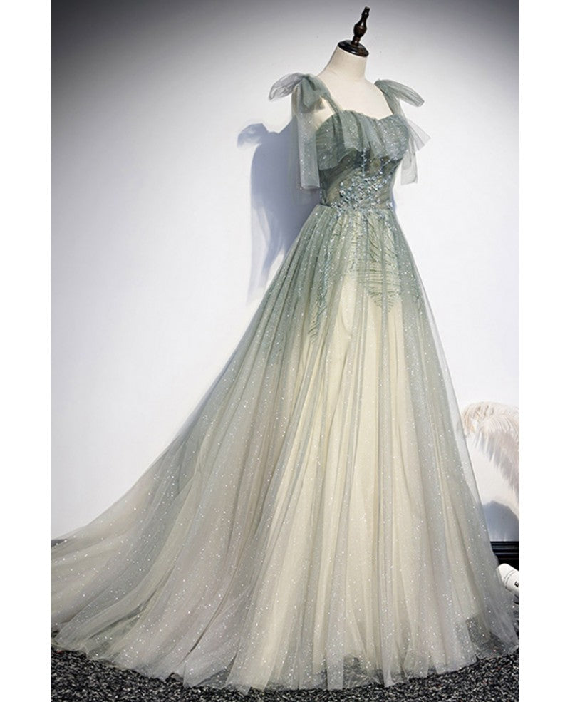 Elegant and Sweet Sage Green Sleeveless Off Shoulder Beads with Sparkling Sheer Sequins Prom Dress Sage Green A-line Princess Shoulder Off Back Sweeping Train Ruffle Edge Evening Dress