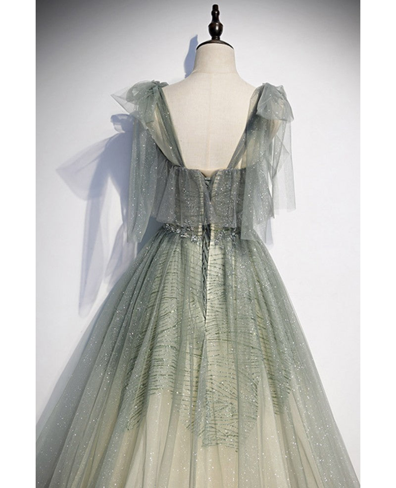 Elegant and Sweet Sage Green Sleeveless Off Shoulder Beads with Sparkling Sheer Sequins Prom Dress Sage Green A-line Princess Shoulder Off Back Sweeping Train Ruffle Edge Evening Dress