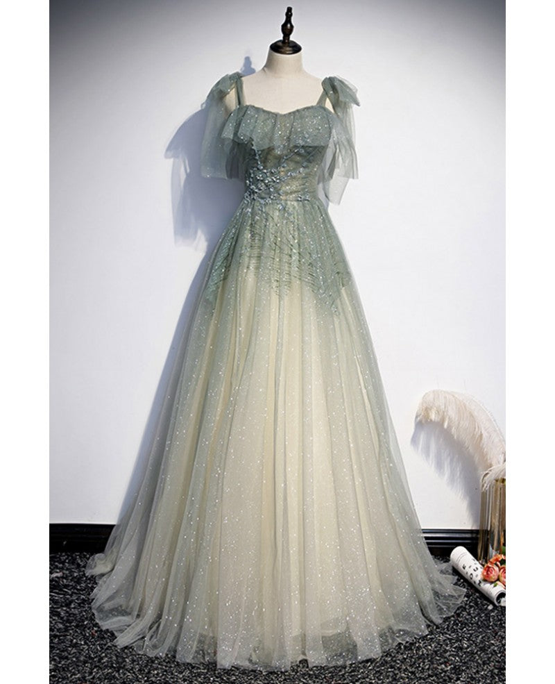 Elegant and Sweet Sage Green Sleeveless Off Shoulder Beads with Sparkling Sheer Sequins Prom Dress Sage Green A-line Princess Shoulder Off Back Sweeping Train Ruffle Edge Evening Dress