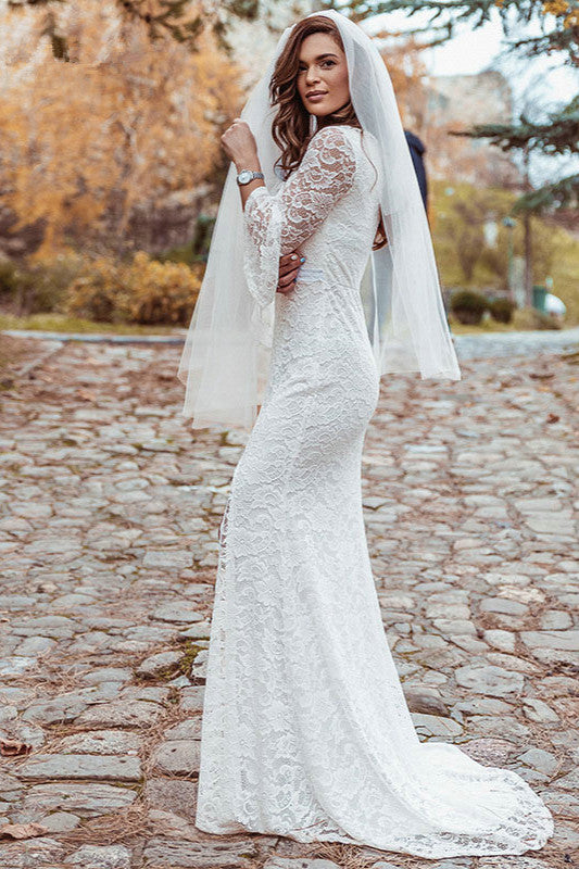 Beautiful Lace Wedding Dress With Split - Long Sleeve