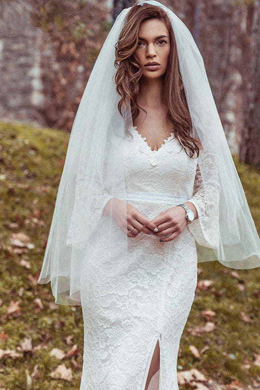 Beautiful Lace Wedding Dress With Split - Long Sleeve