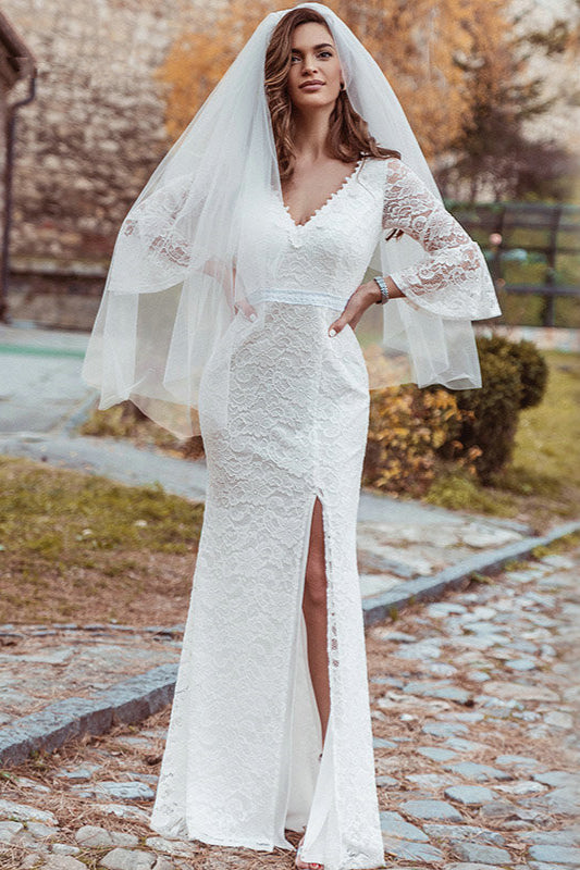 Beautiful Lace Wedding Dress With Split - Long Sleeve